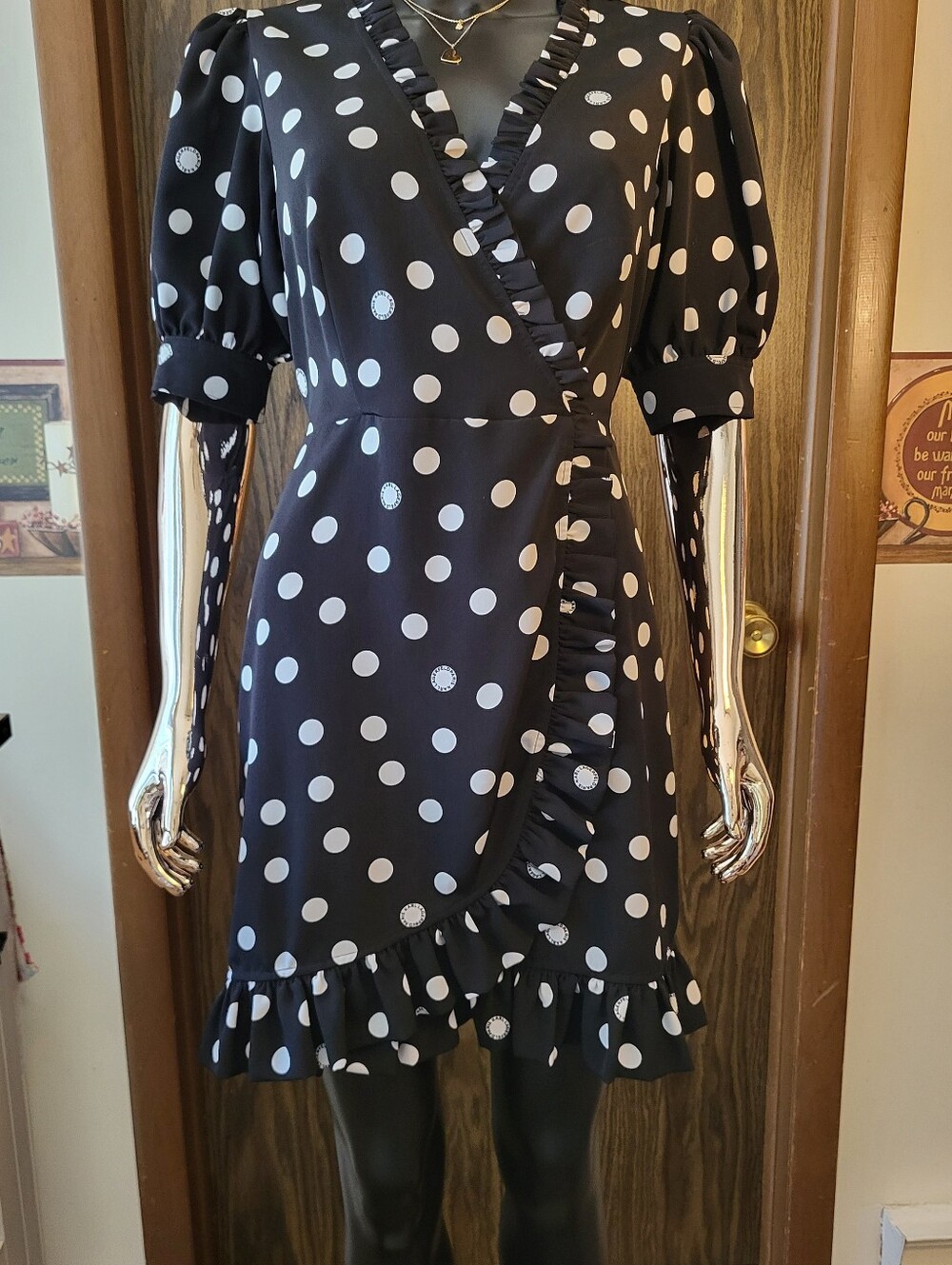 Karl Lagerfield|Black & White Polka Dot Wrap Dress with Ruffle Trim| Size 4